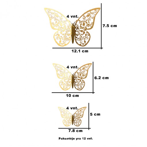 Aukso/sidabro 3D drugeliai Dekoraciniai lipdukai  12 vnt. 