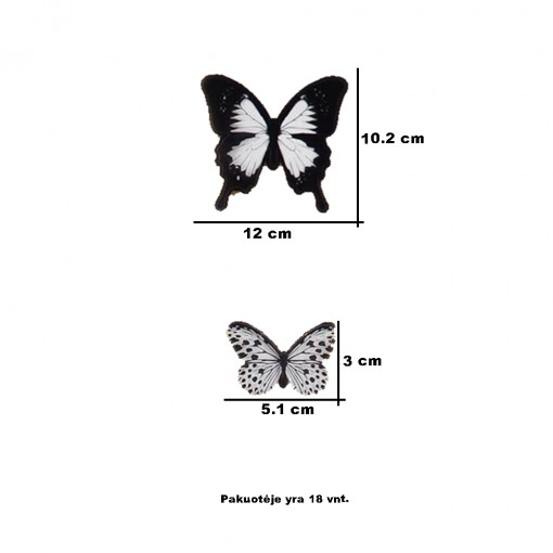 Balta / juoda 3D drugeliai Interjero dekoravimui 18 vnt.